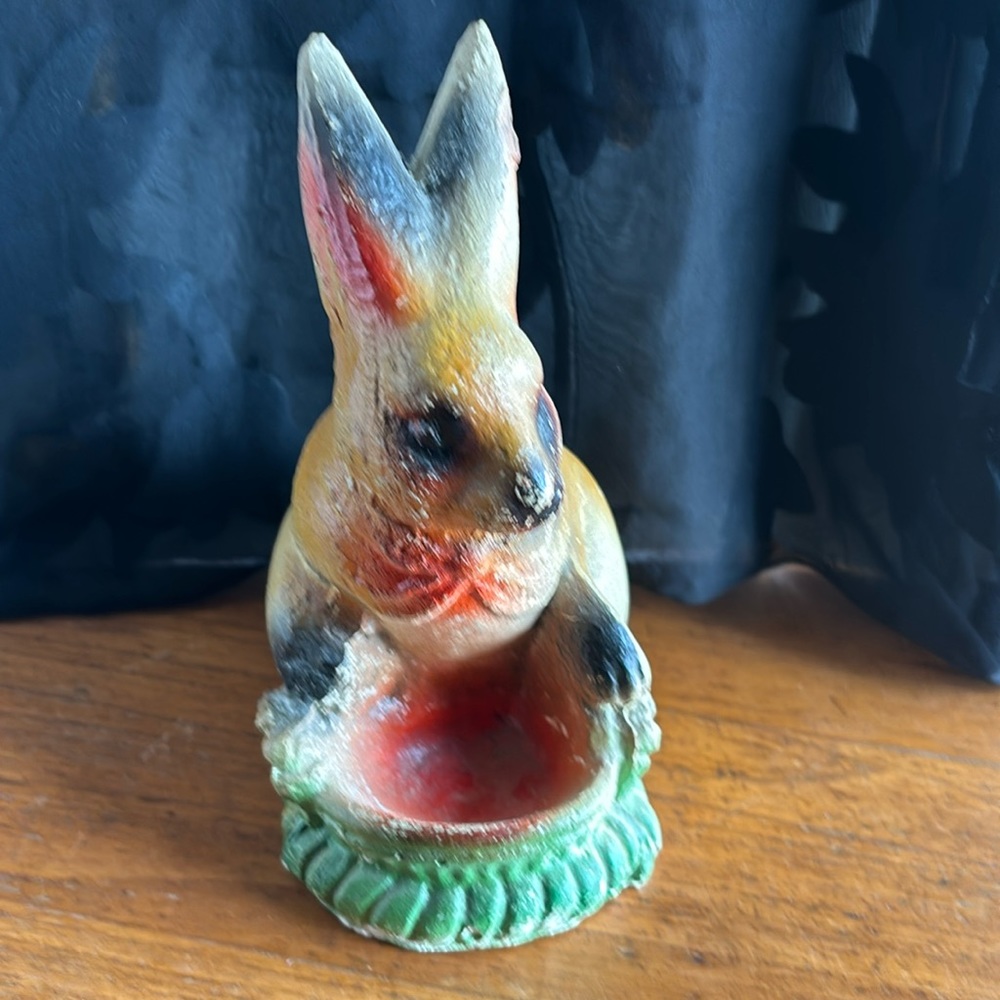 Vintage Carnival painted chalkware sitting rabbit with basket for an egg